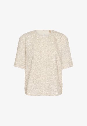 Haut à manches courtes de couleur crème recouvert de paillettes texturées, avec un col rond et une ouverture en forme de trou de serrure au dos. Coupe décontractée.