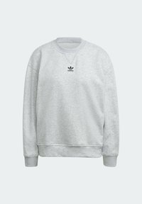 Grå sweatshirt gjord av en bomullsblandning, med rund halsringning, ribbade ärmslut och en liten svart Adidas-logotyp på bröstet.