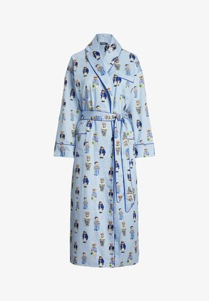 Blue and white striped robe with a tie belt, featuring playful printed characters. Made from soft fabric, it has a shawl collar and side pockets.