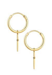 Guldörhängen med en polerad yta, med en tunn hängande detalj. Cirkulärt design med en gångjärnskonstruktion för säker bärning.
