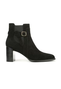Stivale alla caviglia in suede nero con punta quadrata, tacco a blocco, pannello elastico laterale e dettaglio con fibbia sulla cinghia. Superficie esterna texture.
