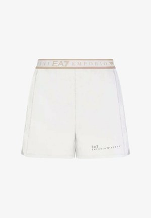 White athletic shorts with a beige waistband featuring "EA7 EMPORIO ARMANI" logo. Smooth texture and slightly loose fit design.