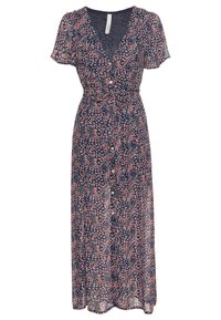 Abito floreale navy con maniche corte, scollo a V e chiusura frontale con bottoni. Caratterizzato da piccoli fiori rosa e bianchi e dettaglio con cintura regolabile in vita.