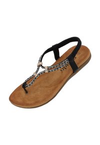 Sandalo infradito nero con dettagli in strass, cinturini intrecciati e soletta in suede beige imbottita. Suola piatta in gomma per il massimo comfort.