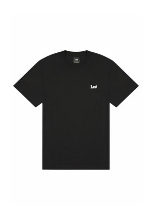 Black cotton t-shirt with short sleeves, crew neckline, and a white logo "Lee" printed on the left chest area. Smooth texture.