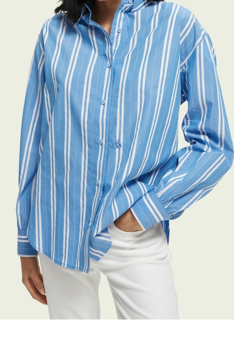 Blue and white striped button-up shirt with long sleeves, featuring a collared neck, chest pocket, and a relaxed fit. Made of lightweight fabric.