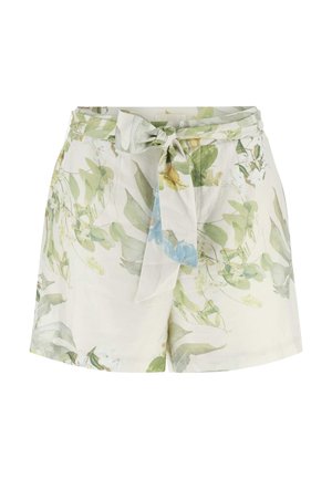 Hooggetailleerde, lichtgewicht shorts met een groen-blauw botanische print, voorzien van voorzakken en een stoffen riem die in de taille gestrikt wordt.