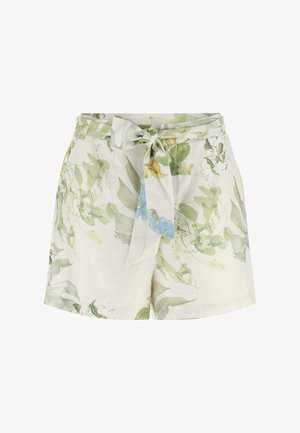 Hoch taillierte, leichte Shorts mit grünem und blauem botanischem Muster, ausgestattet mit Fronttaschen und einem gebundenen Stoffgürtel an der Taille.