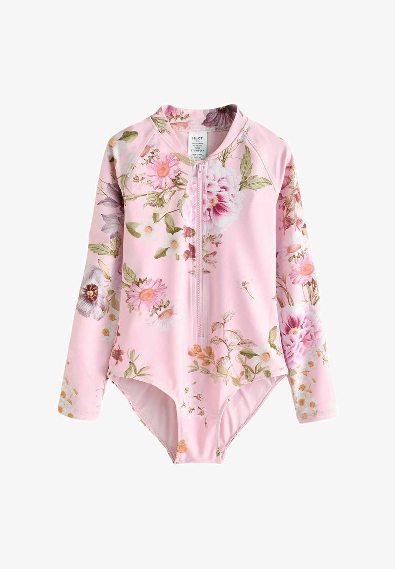 Pikkade varrukatega roosa ujumistrikoo lillemustriga, millel on ees tõmblukk ja keha lähedane disain. Pehme, veniv kangas mugavuseks.