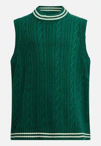 Ärmelloser Pullover aus Kabelstrick in tiefgrün mit hohem Kragen. Merkmale sind die gerippte Textur und kontrastierende weiße Streifen am Kragen und Saum.