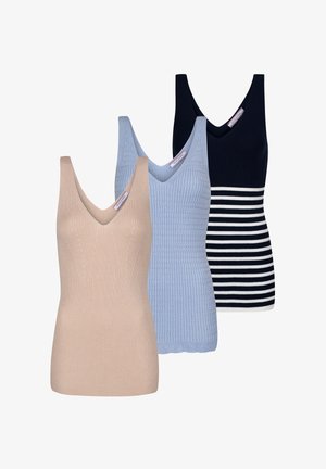 Tres blusas sin mangas de punto en beige, azul claro y azul marino con rayas blancas. Presentan un diseño de escote en V y un tejido con canalé texturizado.