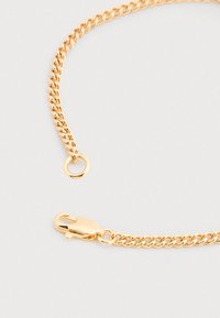 Kuldse ketiga kaelakee paksude lülidega ja osaliselt avatud homaari kinnitusega, ühtlasel heledal taustal.