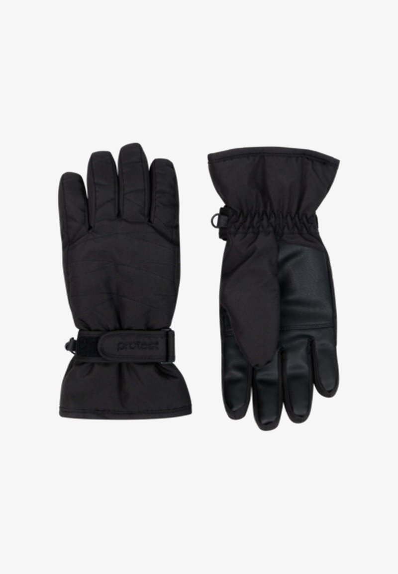 Gants noirs avec une matière extérieure douce et une paume en cuir, dotés d'une conception à poignets resserrés, d'une sangle de fixation et d'une texture matelassée à l'arrière.