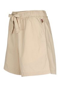 Bézs színű pamut rövidnadrág rugalmas derékpánttal és kötőfénnyel. Oldalt kis hímzett díszítéssel és laza szabással.