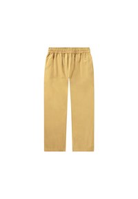 Khaki värvi nööriga püksid elastse vööreisiga, sirge jala kujundusega, sileda kangatekstuuriga ning ilma nähtavate mustrite või aktsentideta.