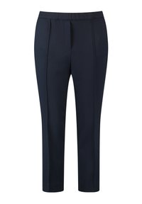 Marineblauwe broek van een gestructureerde stof, met een rechte snit, voorplooien en een elastische tailleband voor comfort.