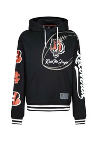 Felpa nera con cappuccio e tasca anteriore a marsupio, con una grafica di una tigre e il testo "Regna nella Giungla". Polsini a righe e dettagli del logo NFL.