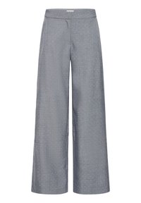 Bredbenede bukser lavet af lysegråt stof med et tekstureret mønster og små hvide prikker over det hele. Har en flad linning.