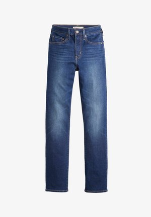 Vaqueros de mezclilla en azul oscuro con corte recto, cinco bolsillos y cierre de botón clásico. Presentan un ligero desvanecimiento en los muslos.