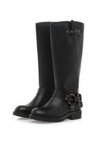 Stivali neri in pelle al ginocchio con punta arrotondata, cinturini regolabili con fibbia e tacco basso e impilato. Texture liscia con dettagli minimi.