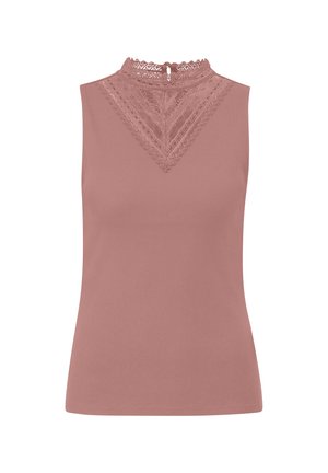 Brezrokavna majica v prašnatem rožnato barvi, ki ima čipkast yoke z visokim ovratnikom in detajlom ključavnice na hrbtu. Narejena je iz rebraste tkanine z gladko teksturo.