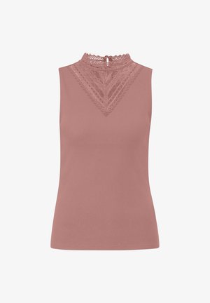 Brezrokavna majica v prašnatem rožnato barvi, ki ima čipkast yoke z visokim ovratnikom in detajlom ključavnice na hrbtu. Narejena je iz rebraste tkanine z gladko teksturo.