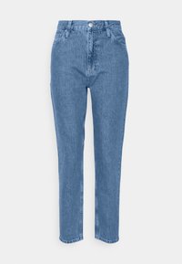 Ljusblå, högmidjade jeans gjorda av denim. Har en rak bendesign, femficksstil och en framparts knäppning med dragkedja.