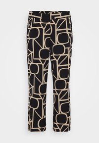 Pantalones negros con un patrón geométrico abstracto en beige. Cintura elástica para mayor comodidad, diseño de pierna recta, textil suave.