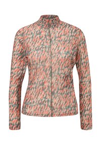 Langärmlige Jacke mit hohem Kragen, die ein dynamisches Muster in Koralle, Pfirsich und Türkis auf einem leichten, transparenten Stoff zeigt.