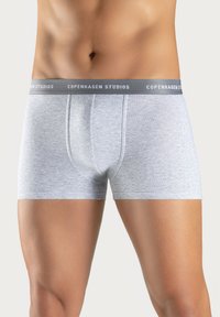 Gray cotton boxer shorts with a fitted design and a gray waistband featuring the text "COPENHAGEN STUDIOS" in white.