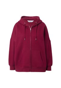 Sudadera con cremallera en burdeos, confeccionada en un tejido suave, que cuenta con capucha, bolsillos frontales, mangas anchas y puños y dobladillo acanalados.