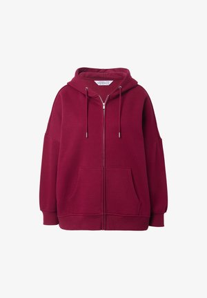 Bordeaux fleece hoodie met een rits, gemaakt van zachte stof, met een capuchon, voorzakken, brede mouwen en geribbelde manchetten en zoom.