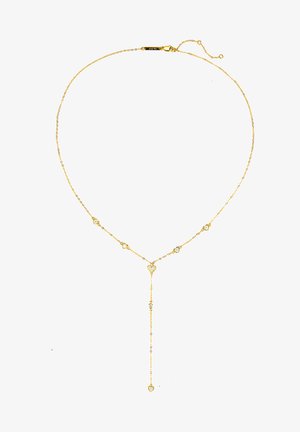 Collar de oro con acentos en forma de corazón y pequeños cristales. Diseño de cadena delicada con una característica de caída que se extiende debajo del escote.