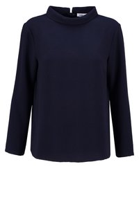 Top a maniche lunghe blu navy con collo alto, realizzato in tessuto liscio. Presenta una vestibilità comoda e un orlo diritto. Nessun motivo visibile.