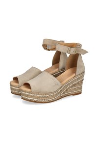 Beige ruskinds espadrille wedgesandaler med åbne tæer, ankelremme og flettet jute mellemsål. Har en struktureret overflade og små spænder.