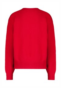 Red knitted sweater with a round neckline, drop shoulder design, and ribbed cuffs and hem. Soft texture, no patterns or embellishments.