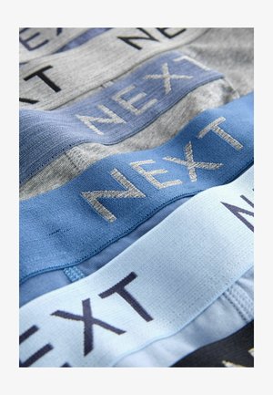 Shorts aus einem Baumwollmix in Grau, Hellblau und Dunkelblau. Die Taillengummis tragen das "NEXT"-Logo in kontrastierender Fadenfarbe. Glatte Textur.