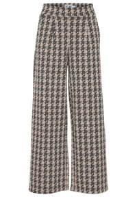 Weite Hosen mit einem beigeschwarz karierten Houndstooth-Muster, hergestellt aus einem strukturierten Stoff. Mit einem bequemen elastischen Bund.