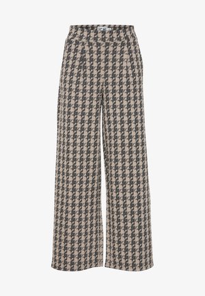 Weite Hosen mit einem beigeschwarz karierten Houndstooth-Muster, hergestellt aus einem strukturierten Stoff. Mit einem bequemen elastischen Bund.