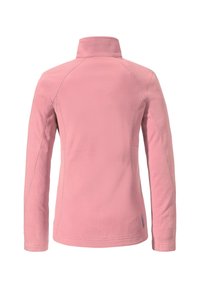 Veste en polaire rose pastel avec col montant, manches longues et coutures plates. Présente une petite étiquette logo sur le côté inférieur gauche.