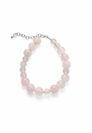 Helmekujuline käevõru, millel on ümmargused, läbipaistvad roosad kivid ja hõbedane reguleeritav kettlukustuse kinnis valgel taustal.