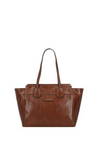 Borsa a mano in pelle marrone con due manici superiori, design strutturato, superficie liscia e dettagli cuciti. Presenta una sottile placca con il logo del marchio.