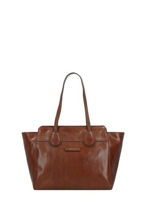 Borsa a mano in pelle marrone con due manici superiori, design strutturato, superficie liscia e dettagli cuciti. Presenta una sottile placca con il logo del marchio.