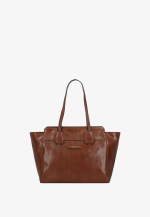 Borsa a mano in pelle marrone con due manici superiori, design strutturato, superficie liscia e dettagli cuciti. Presenta una sottile placca con il logo del marchio.