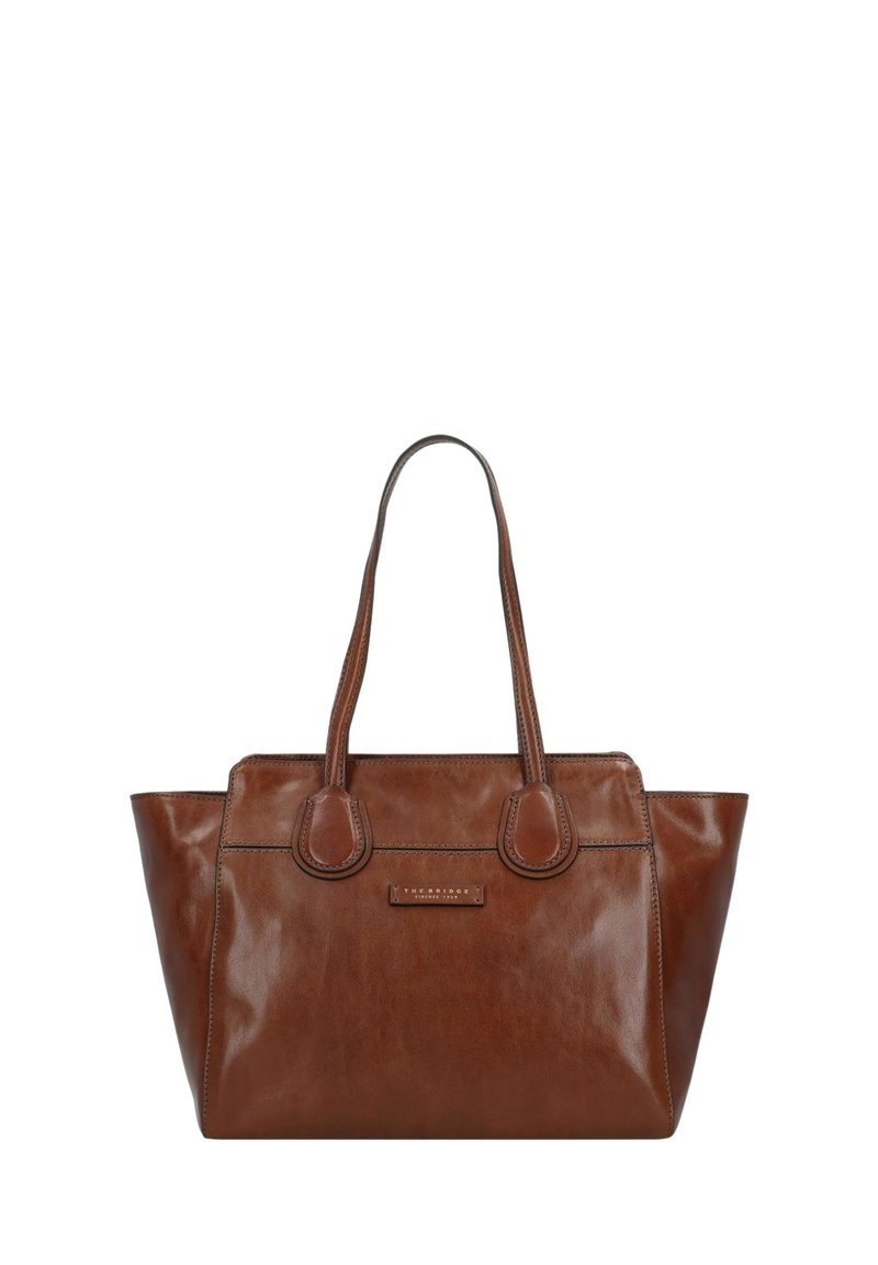 Borsa a mano in pelle marrone con due manici superiori, design strutturato, superficie liscia e dettagli cuciti. Presenta una sottile placca con il logo del marchio.