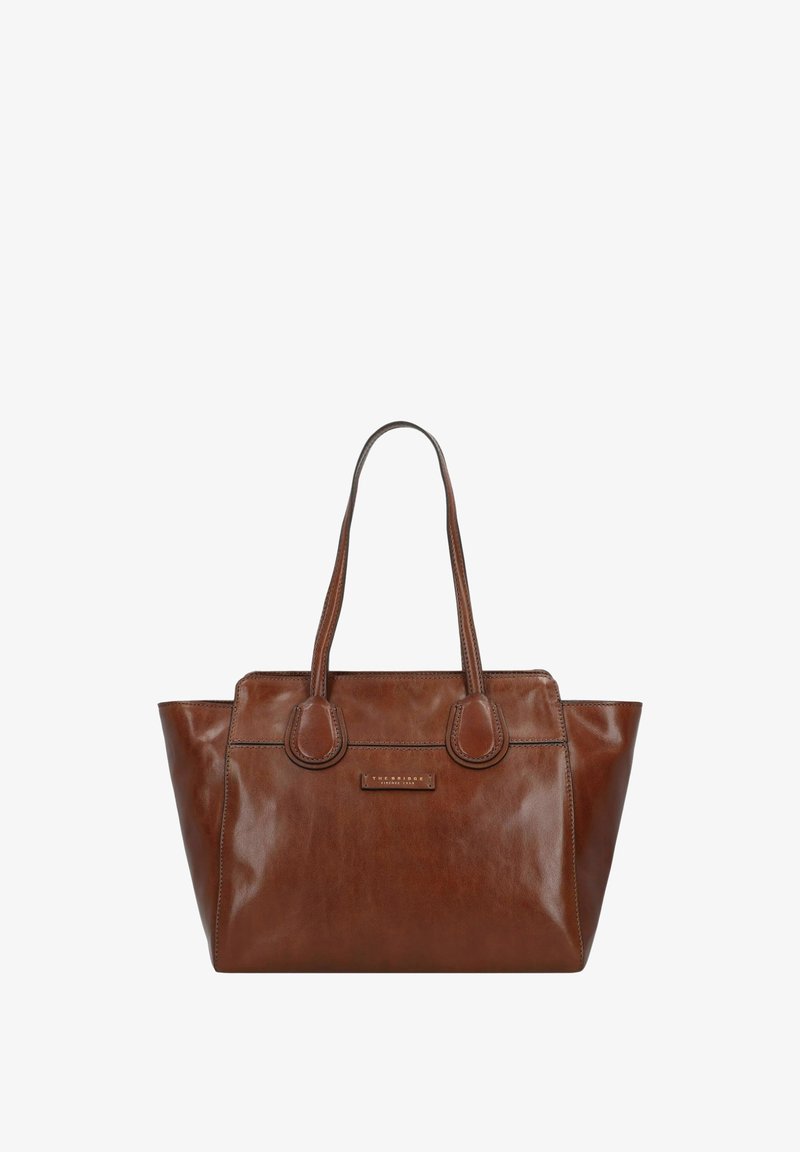 Borsa a mano in pelle marrone con due manici superiori, design strutturato, superficie liscia e dettagli cuciti. Presenta una sottile placca con il logo del marchio.