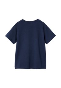 Navy blue, short-sleeved T-shirt made of soft cotton with a round neckline and straight hem. No visible logos or patterns on the back.