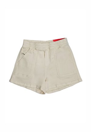 Pantaloncini beige in cotone con vita elastica, due tasche applicate frontali e una piccola etichetta rossa sulla parte superiore della vita.