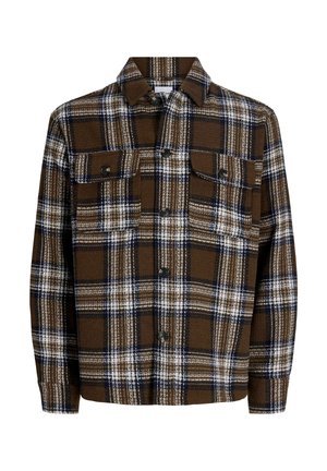Veste-chemise à carreaux marron, bleu marine et blanc avec deux poches poitrine et manches longues.
