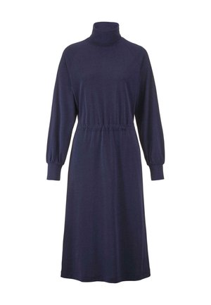 Abito blu navy con collo alto, maniche lunghe a raglan, vita arricciata e vestibilità morbida. Realizzato in tessuto morbido con una texture liscia.